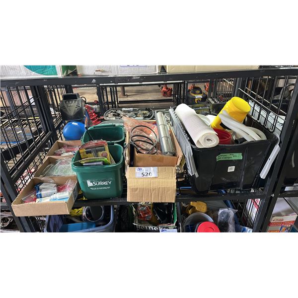 SHELF OF ASSORTED ITEMS INCLUDING; DRAWER LINER, TIRE PLUG KITS, PADLOCKS & MORE