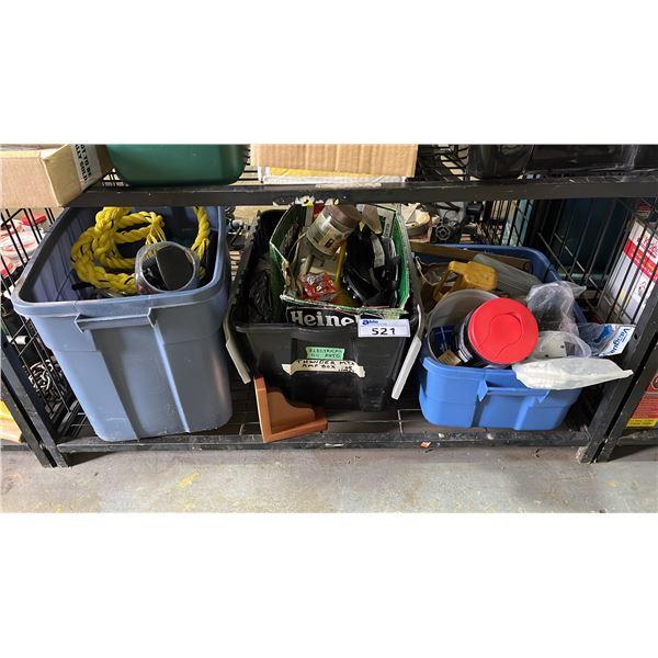 SHELF OF ASSORTED ITEMS INCLUDING; BOOT SPIKES, ROPE, WIRE, BOOT BRUSH & MORE
