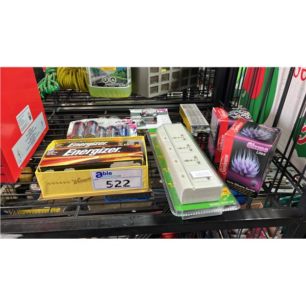 ASSORTED ITEMS INCLUDING; BATTERIES, POWER BAR & LIGHT BULBS