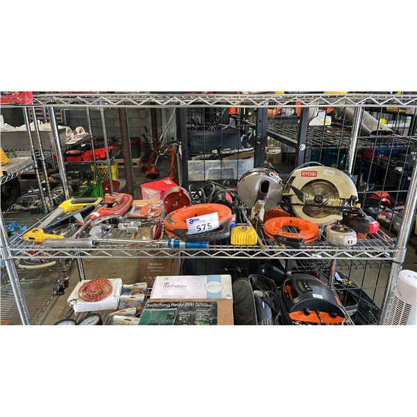 SHELF OF ASSORTED ITEMS INCLUDING; RYOBI CIRCULAR SAW, SAW HOLE SAW BIT, RIDGID DRAIN CLEANER & MORE