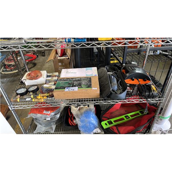 SHELF OF ASSORTED ITEMS INCLUDING; SWITCHING RELAY, PRESSURE GAUGES, MASTERCRAFT CUT-OFF TOOL & MORE