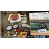 Image 2 : SHELF OF ASSORTED ITEMS INCLUDING; SWITCHING RELAY, PRESSURE GAUGES, MASTERCRAFT CUT-OFF TOOL & MORE