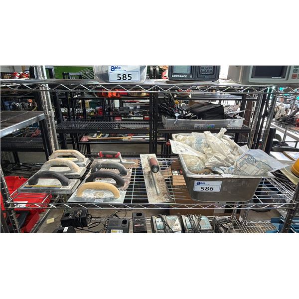 SHELF OF ASSORTED ITEMS INCLUDING; TROWELS, HARDWARE, POCKET DOOR FRAMES & MORE