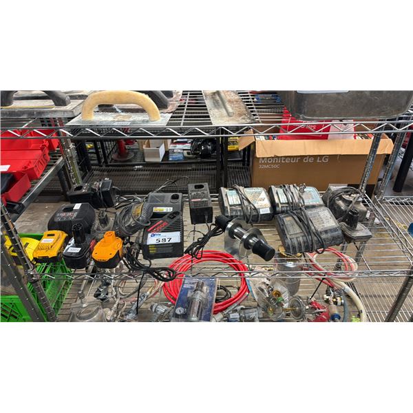 SHELF OF ASSORTED CORDLESS TOOL BATTERIES & CHARGERS