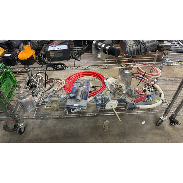 SHELF OF ASSORTED ITEMS INCLUDING; PAINT SPRAY GUNS, AIR FILTER & REGULATOR, PAINT SPRAY AIR HOSE