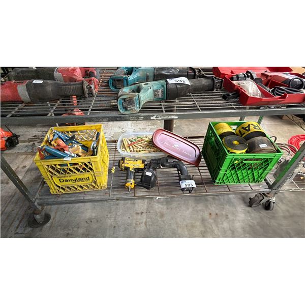 SHELF OF ASSORTED ITEMS INCLUDING; AIR NAILER, LOAD STRAPS, CORDLESS DRILL, CAULKING GUNS & MORE