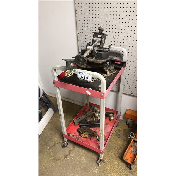 ROLLING METAL CART & CONTENTS: TRAILER HITCHES, TRANSMISSION JACK ADAPTER & SNATCH BLOCK PULLEY