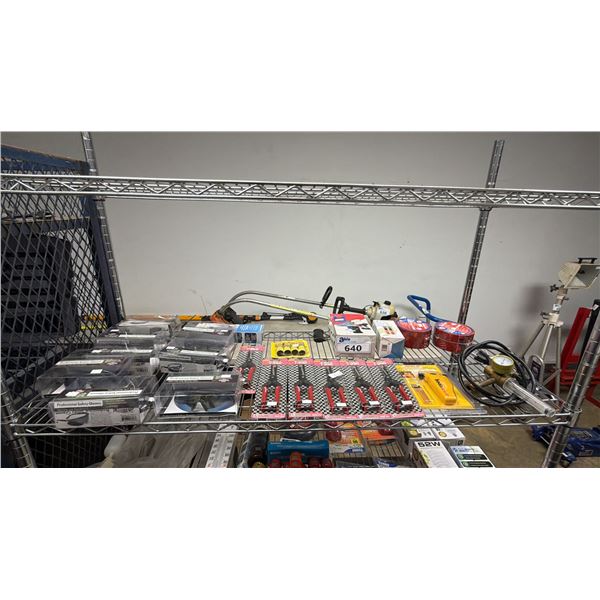SHELF OF SAFETY GLASSES, BUD SHEARS, IRODA MICRO-JET LIGHTER, SHEATHING TAPE, 6" BUTANE TORCH & MORE