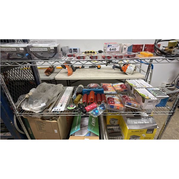 SHELF OF DRIP IRRIGATION FILTERS, FRUIT FLY TRAPS, GROW LIGHTS, THERMOMETER & MORE