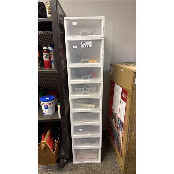 9-DRAWER PLASTIC STORAGE UNIT & CONTENTS: MEASURING TAPE, ROPE, UTILITY KNIVES & MORE