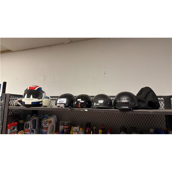SHELF OF ASSORTED MOTORCYCLE HELMETS,  MARINE COMPASS & SKI GOGGLES