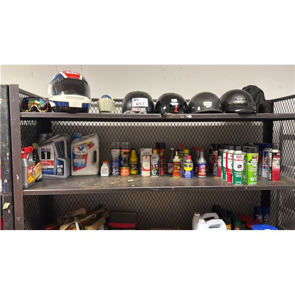 SHELF OF ASSORTED BRAKE CLEANER, WD-40, STEERING FLUID & MOTOR OIL