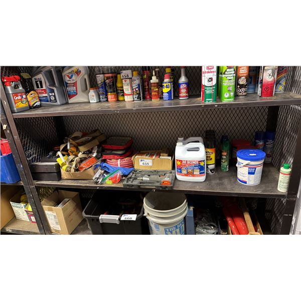 SHELF OF ASSORTED RATCHET STRAPS, AIR HOSE, BRAD NAILERS, CLEANING SUPPLIES & MORE