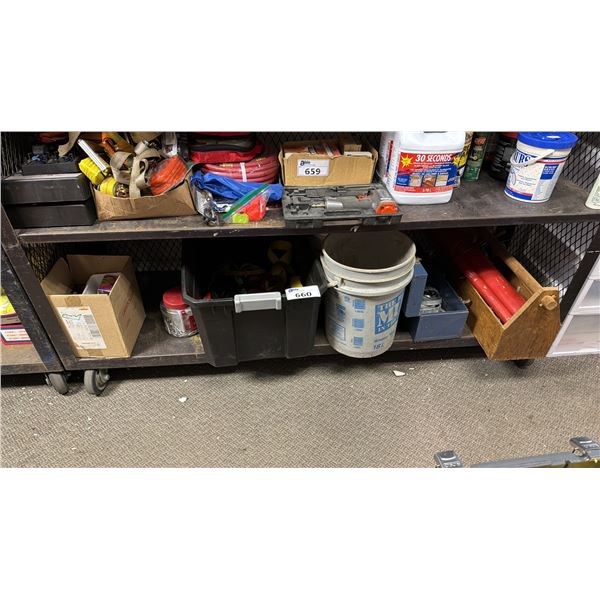 SHELF OF ASSORTED RATCHET STRAPS, NAILS, CONSTRUCTION SUPPLIES & MORE