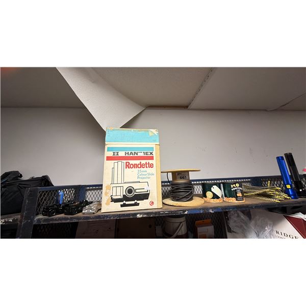 SHELF OF PROJECTOR, FLASH LIGHTS, SCREWS & MORE