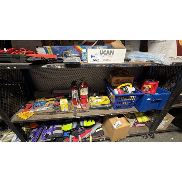 SHELF OF ASSORTED TOOLS, FIRE EXTINGUISHERS & MORE