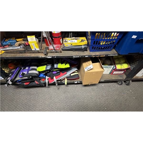 SHELF OF LIFE JACKETS, SOFTBALLS & BOTTLES