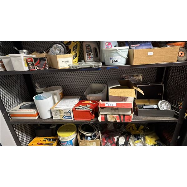 SHELF OF ASSORTED GOODS INCLUDING: CAUTION TAPE, BUILDING SUPPLIES, CAR PARTS & MORE