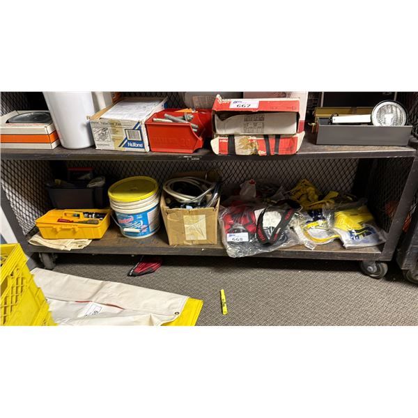 SHELF OF ASSORTED GOODS INCLUDING: FALL PROTECTION, ASSORTED TOOLS & MORE