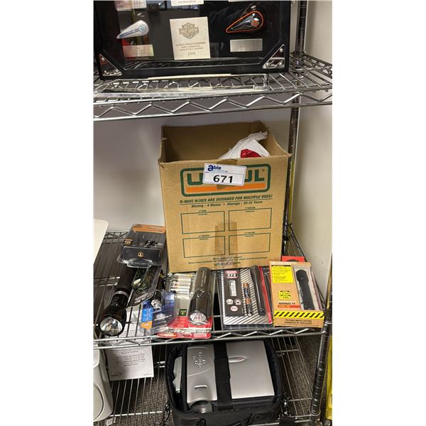 BOX OF FLASHLIGHTS & OTHER ASSORTED ITEMS