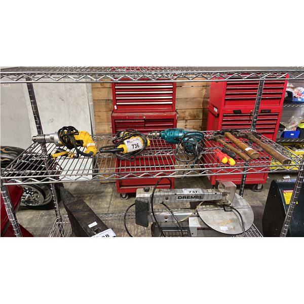 MAKITA DRILL, 2 DEWALT DRILLS, 3 HAMMERS & 2 SCREWDRIVERS