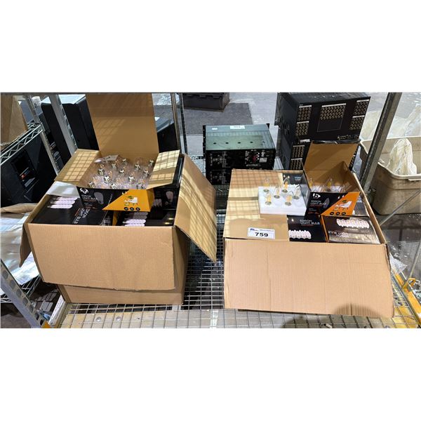 2 BOXES OF ASSORTED EDISON LIGHT BULBS, CASSETTE TAPE BOX, EIFFEL TOWER 3D PUZZLE & ANIMAL FIGURINES