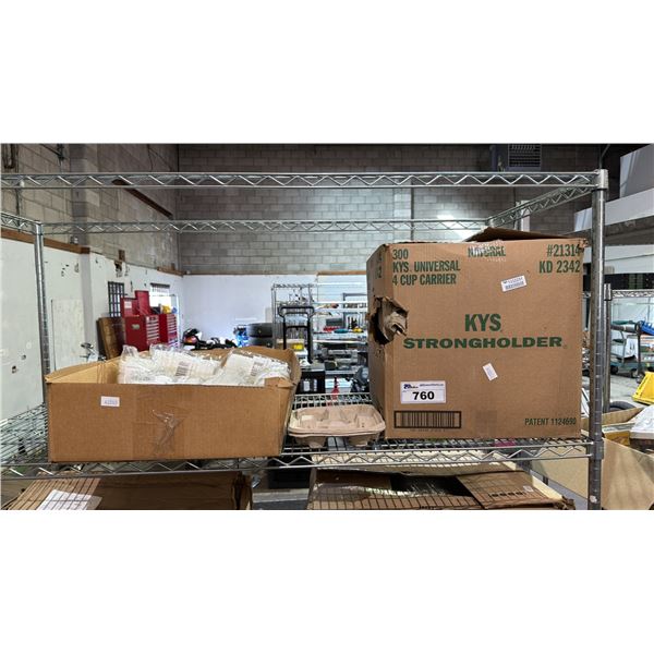 BOX OF UNIVERSAL 4 CUP CARRIERS & BOX OF PLASTIC CUP LIDS