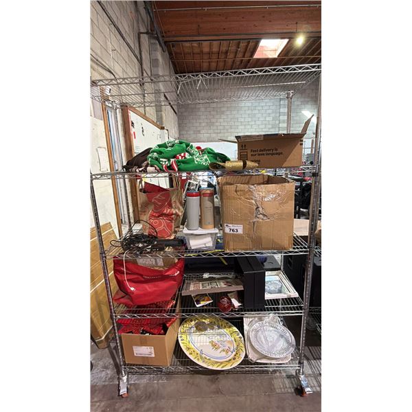 RACK OF ASSORTED CHRISTMAS DECORATIONS, SERVING PLATES, BLANKET HOODIES, WALL DECOR & MORE