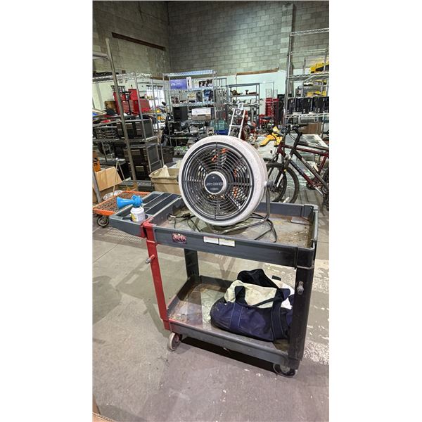2-TIER ROLLING CART & CONTENTS: FAN, AIR HORN, TOTE & MORE