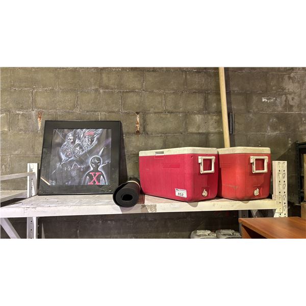 SHELF OF ASSORTED ITEMS INCLUDING; 2 COOLERS, LULU-LEMON YOGA MAT & FRAMED ART