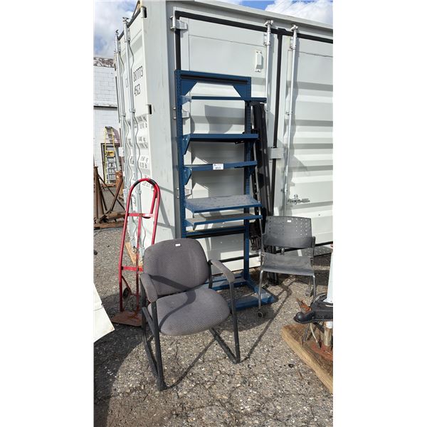 ASSORTED ITEMS INCLUDING; OFFICE CHAIRS, ADJUSTABLE DISPLAY RACK, DOLLY & MORE