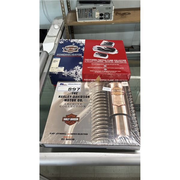 SEALED "THE HARLEY DAVIDON ACHIVE COLLECTION" BOOK & HARLEY DAVIDSON FOOTPEG FLAME COLLECTION