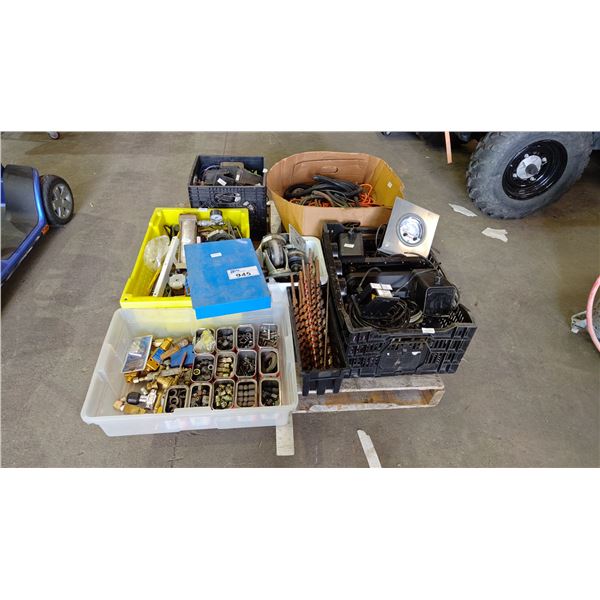 PALLET OF ASSORTED ITEMS: INCLUDES DRILL BITS, CASTER WHEELS, AIR TOOL COMPONENTS & MORE