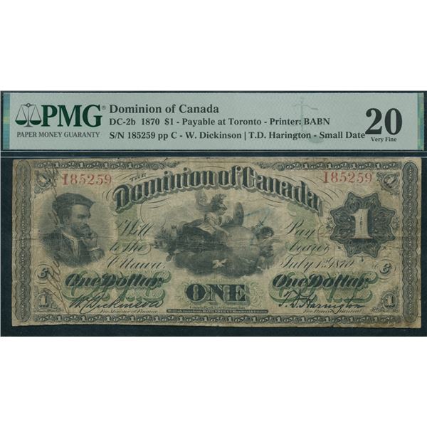 Dominion of Canada $1, 1870 - Payable at Toronto (Small Date)