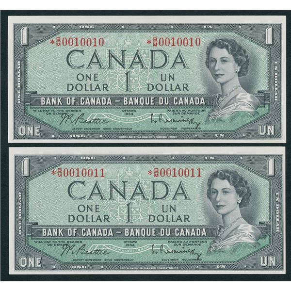 Bank of Canada $1, 1954 - Lot of 2 Consecutive Replacement Binary Notes