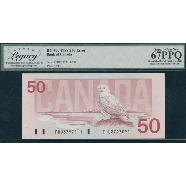 Bank of Canada $50, 1988 Stuck Serial Numbers at Left
