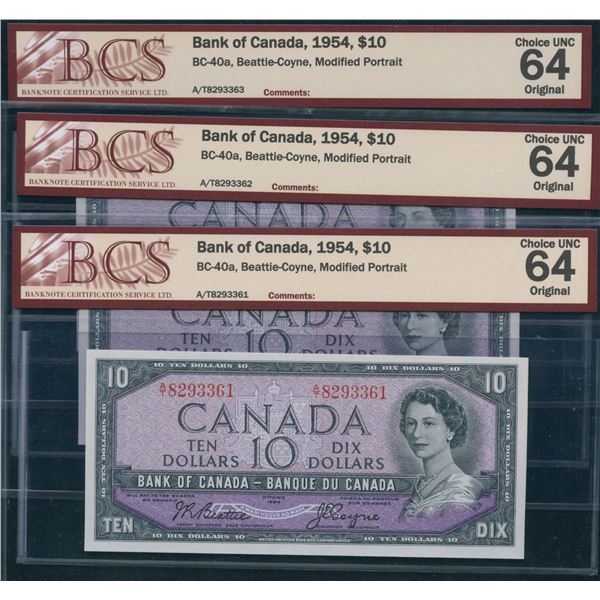Bank of Canada $10, 1954 - Lot of 3 Consecutive's