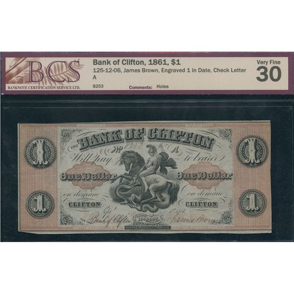Bank of Clifton $1, 1861