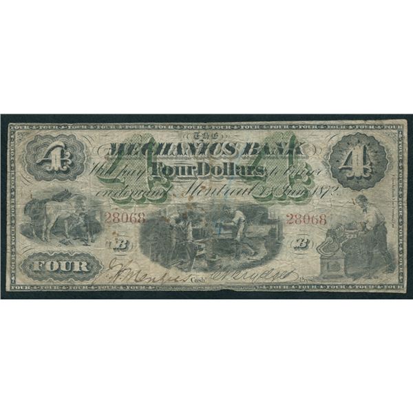 Mechanics Bank $4, 1872