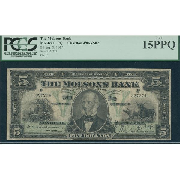 Molsons Bank $5, 1912
