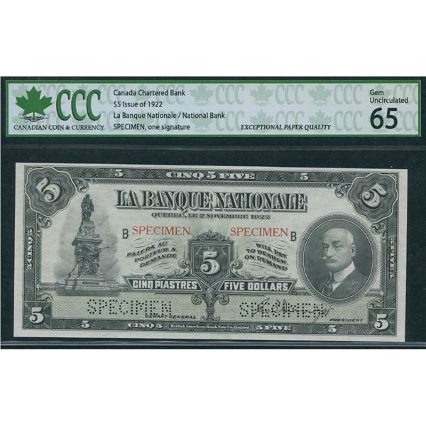 La Banque Nationale $5, 1922 - Specimen