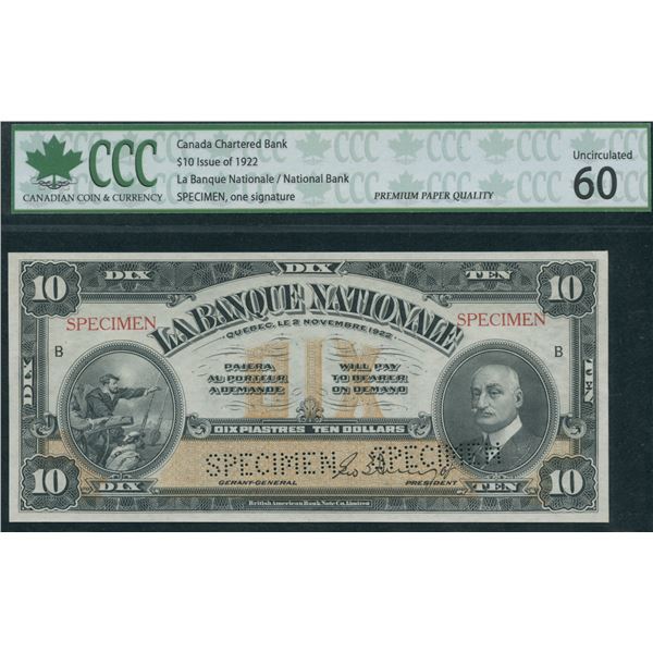 La Banque Nationale $10, 1922 - Specimen