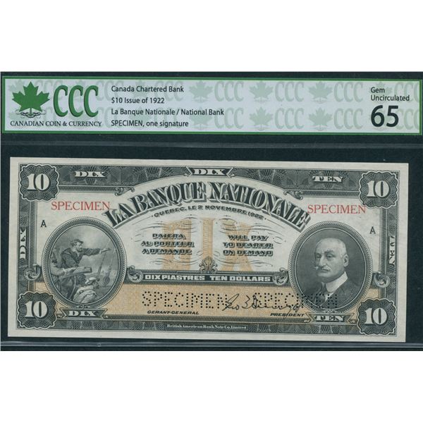 La Banque Nationale $10, 1922 - Specimen