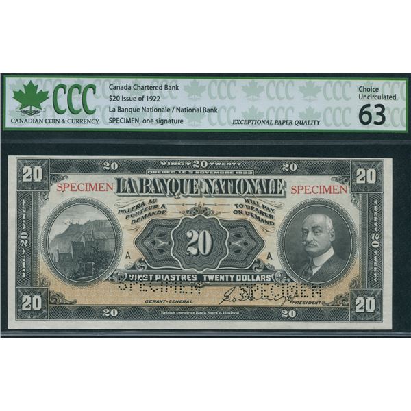 La Banque Nationale $20, 1922 - Specimen