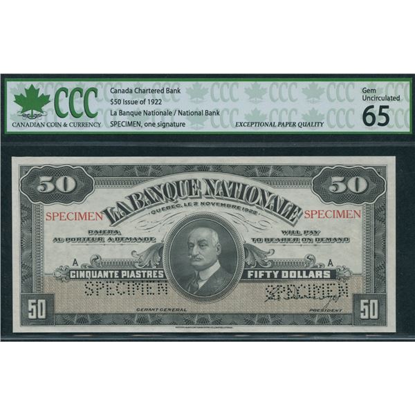 La Banque Nationale $50, 1922 - Specimen