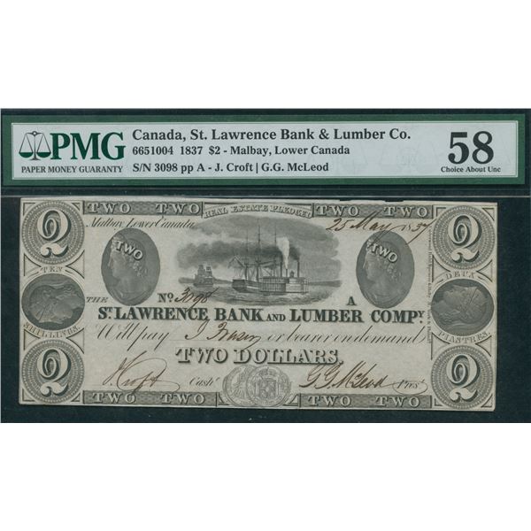 St. Lawrence Bank & Lumber Co. $2, 1837