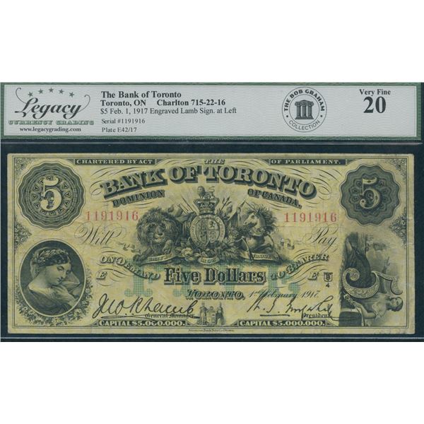 Bank of Toronto $5, 1917