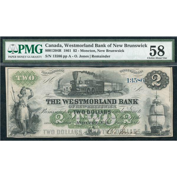 Westmorland Bank of New Brunswick $2, 1861 - Remainder