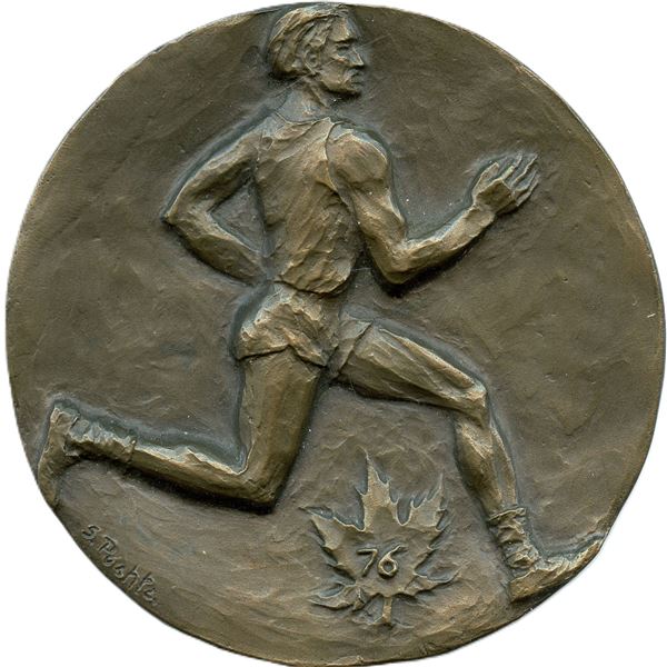 Runner with 76 on a Maple Leaf Medal.