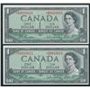 Image 1 : Bank of Canada $1, 1954 - Lot of 2 Consecutive Replacement Binary Notes